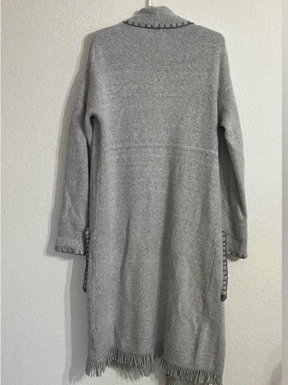 Venus Gray Whipstitch Fringe Duster Cardigan Midi Open Front Size M Cozy Fall - Picture 3 of 10